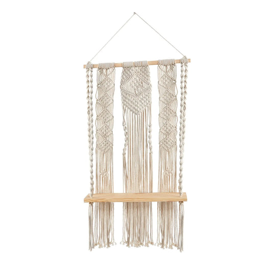 Finished Woven Handmade Ceramic & Wood Macrame Wall Hanging with Floating Shelf - 2.5'x1.5' Wall Tapestry, Aesthetic Room Decor, Above-Bed Accent, Small Item Storage, Home Supplies (Includes Storage Hook)