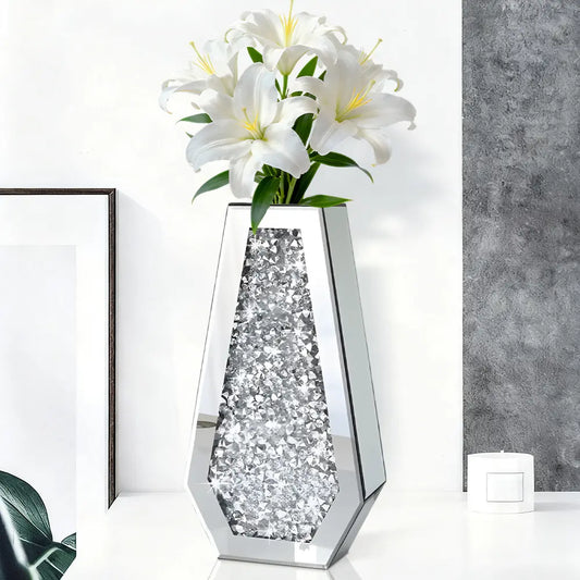 Shiny Sparkle Crushed Diamond Mirrored Flower Vase, 14In Large Silver Glass Decor, Modern Luxury Tall Floor Piece for Floral Decoration, Room Centerpieces Home Decor - Cannot Hold Water
