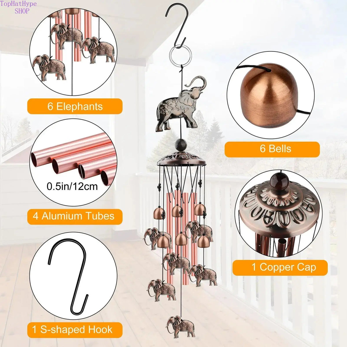 Handmade Bronze Lucky Elephant Wind Chimes - 35.4in Aluminum Tubes with Deep Melodic Sound, Garden Accessories for Outdoor Relaxation & Positivity Sympathy Memorial Decoration