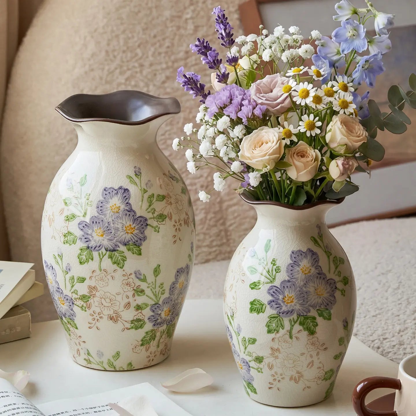 Handmade Ceramic Floral Vase, Hand-Painted Crackle Glaze Flower Vase, French Country Rustic Home Decor, Elegant Table Centerpiece