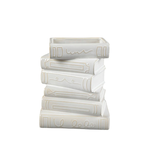 Ivory Ceramic Stacked Books Vase 6.5" x 7.87 Handcrafted Accent for Book Lovers & Vintage Inspired Spaces