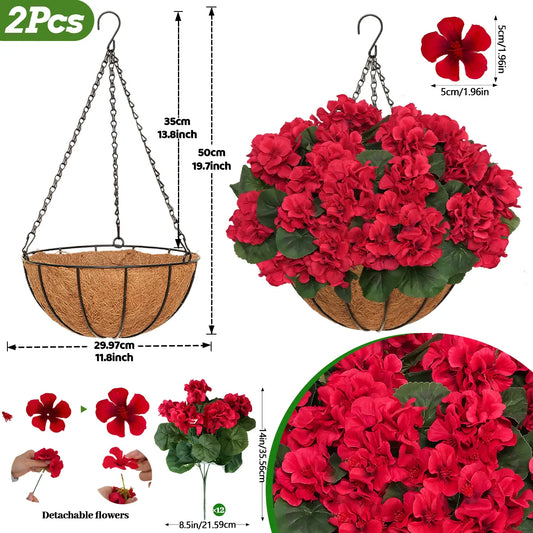 2pcs Artificial Geraniums with Hanging Baskets, 12 Bundles UV Resistant Artificial Outdoor Plants, Fake Red Flowers for Spring Front Porch Home Patio Balcony Yard Decor summerwins Silk Material Everlasting Charm Lifelike