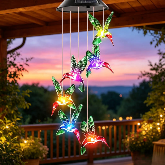 Solar-Powered Hummingbird Wind Chime with Color-Changing LED Lights, Waterproof Outdoor Decor Garden Accessory with Hanging Kit, Mom Gift for Garden Patio Home Improvement