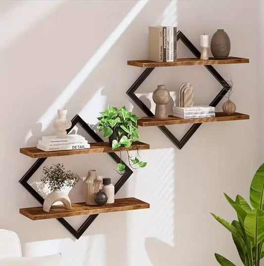 Rustic Brown 2-Layer Geometric Diamond Hanging Floating Shelf Set - Industrial Metal Wire & Wooden Shelves, Minimalist Aesthetic Home Decor, Suitable for Living Room, Kitchen Decor