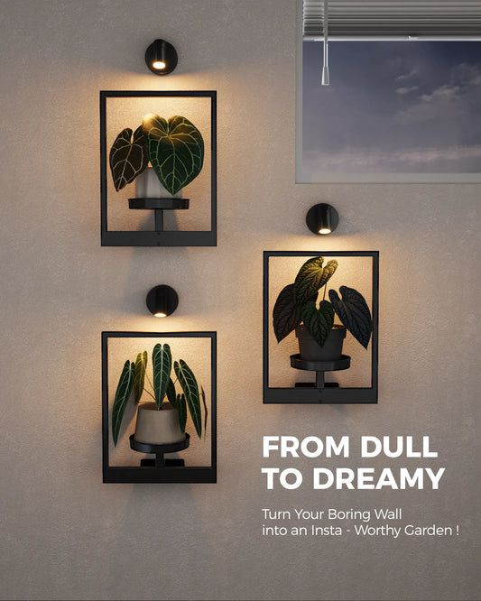 Bamworld 2/3-Pack Premium Metal Vertical Rectangular Wall Planters with 3 Spotlights (Not Grow Lights) - Indoor Hanging Pots, Whimsical Room Decor, Unique Apartment Accessory, Summer Gift, Premium Metal Resists Daily Wear