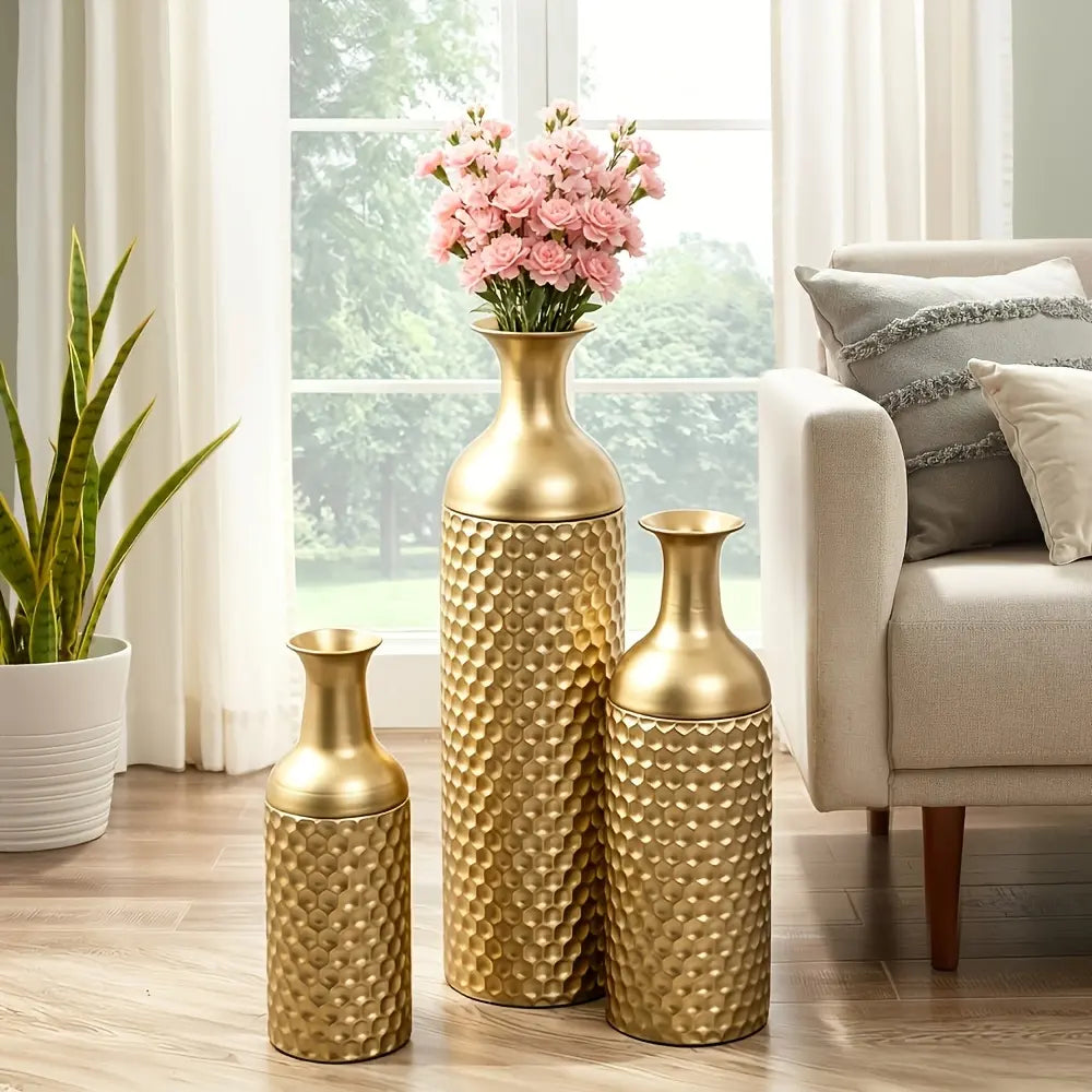 3pcs Metal Tall Floor Vase, Large Golden Vase Decorative Tall Stand Vases, Modern Honeycomb Texture Big Standing Vases for Dried Flower Embossed Body Pattern, 27.6" H/22.8" H/17.4" H Geometric Cylinder