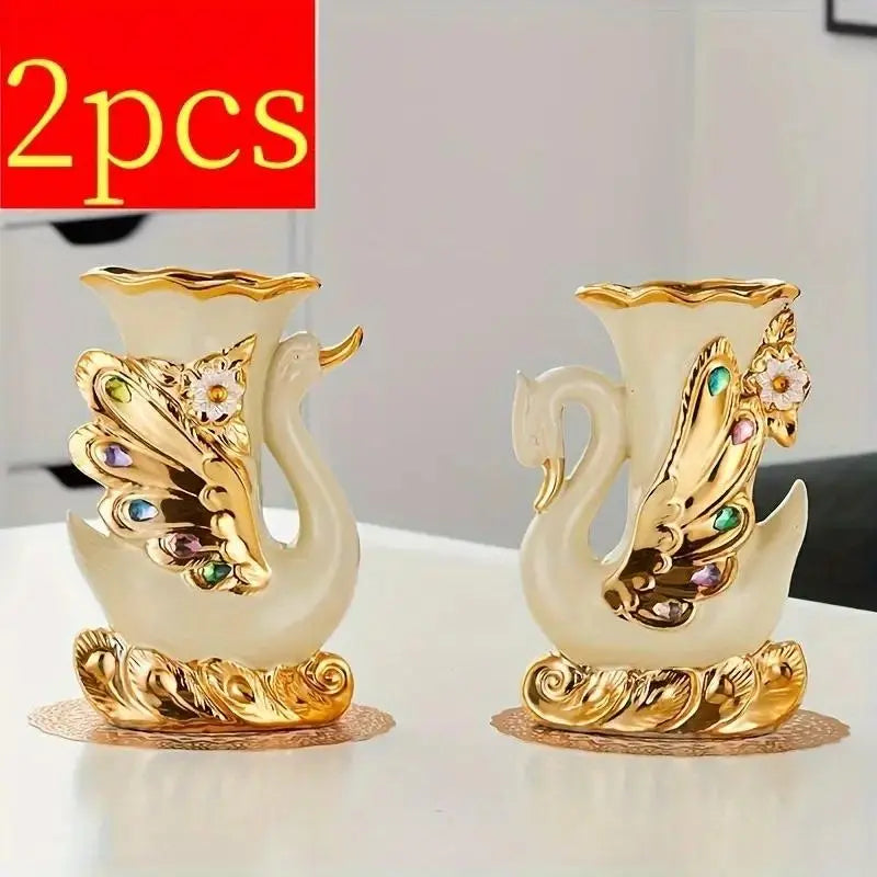 2Pcs Modern Ceramic Swan Vase, Decorative Flower Vase for Living Room, Dining Table, Bedroom, Home Decor for Christmas, Ideal for Fake Plants, Flowers, Rose Petals arrangement