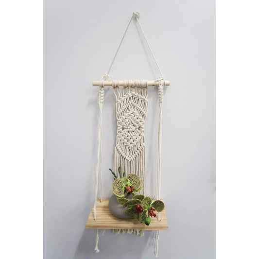 22” Handmade Neutral Wood Macrame Hanging Shelf with Diamond Weave - Wall Mount, Home Decor Aesthetic, Unique Wall Decor, Decorative Hanging Piece, Boho Macrame Look, Plant Display Room Ornament