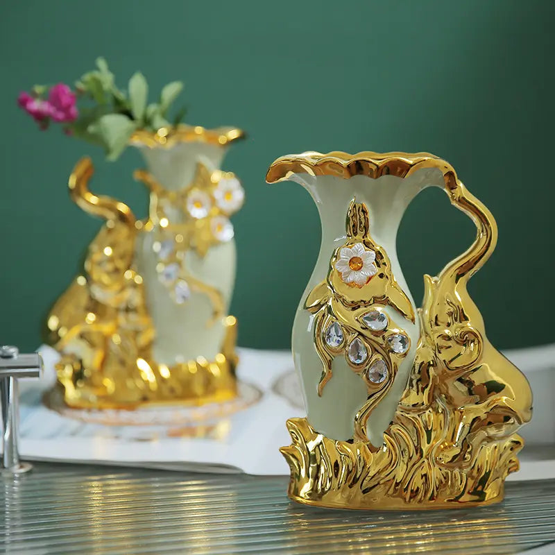 2pcs Modern Ceramic Vases - Swan & Elephant Designs, Home Decor Items for Flowers, Fake Plants, Fake Grass, Rose Petals, Living Room Entryway Decoration, Christmas Gift Room Decor Household Accent