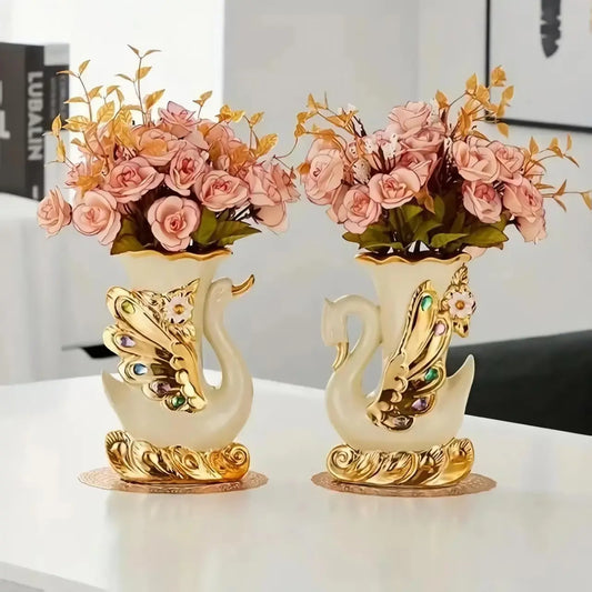 2-Pcs Modern Ceramic Swan Vase Set, Decorative Flower Vase for Living Room, Home Decor for Christmas, Ideal for Fake Plants, Flowers, Rose Petals Arrangement (Plants Not Included), Vase Only (Plants Not Included), Flower Vases For Bouquet, Artificial Rose