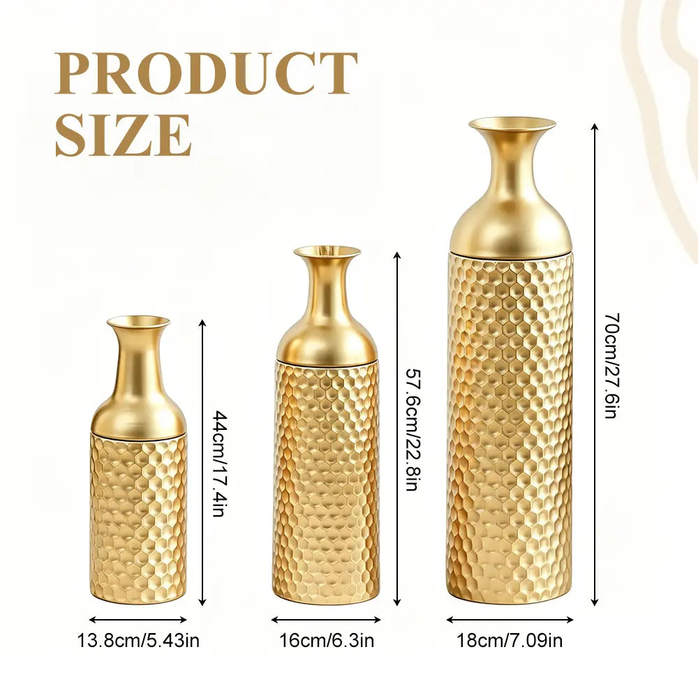3pcs Metal Tall Floor Vase, Large Golden Vase Decorative Tall Stand Vases, Modern Honeycomb Texture Big Standing Vases for Dried Flower Embossed Body Pattern, 27.6" H/22.8" H/17.4" H Geometric Cylinder