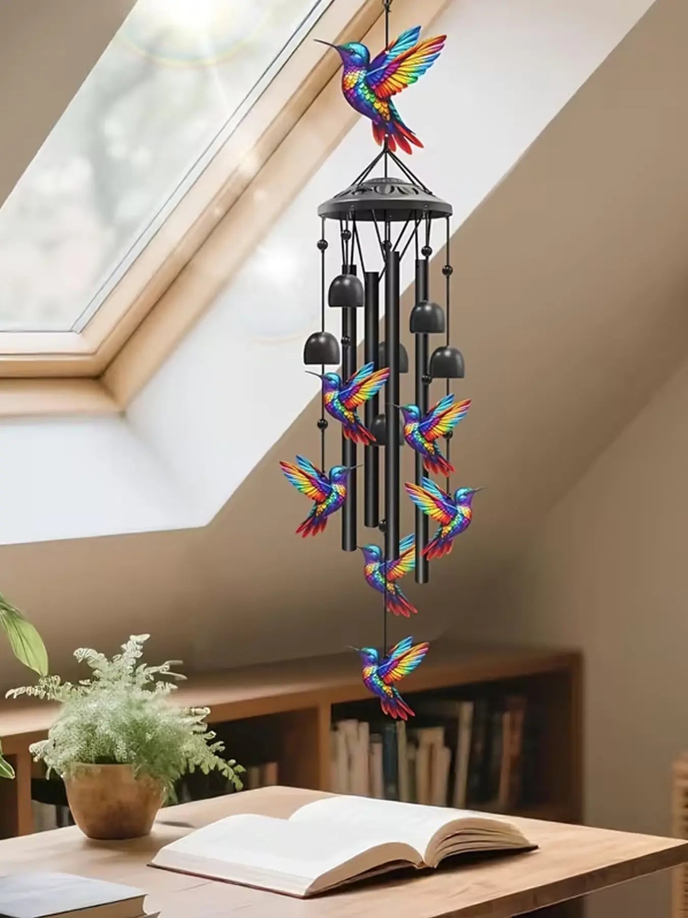 36-Inch Outdoor Hummingbird Wind Chime, Metal, Garden Pavilion Decoration, Durable, Gift for Men Women, with Greeting Card