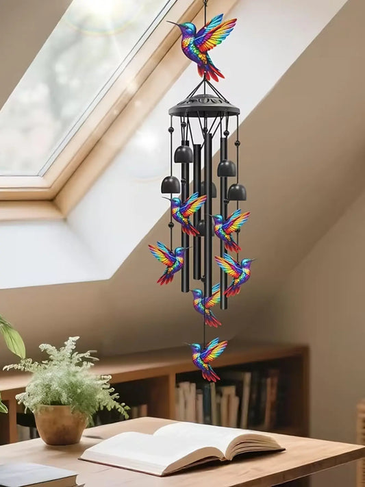 36-Inch Outdoor Hummingbird Wind Chime, Metal, Garden Pavilion Decoration, Durable, Gift for Men Women, with Greeting Card