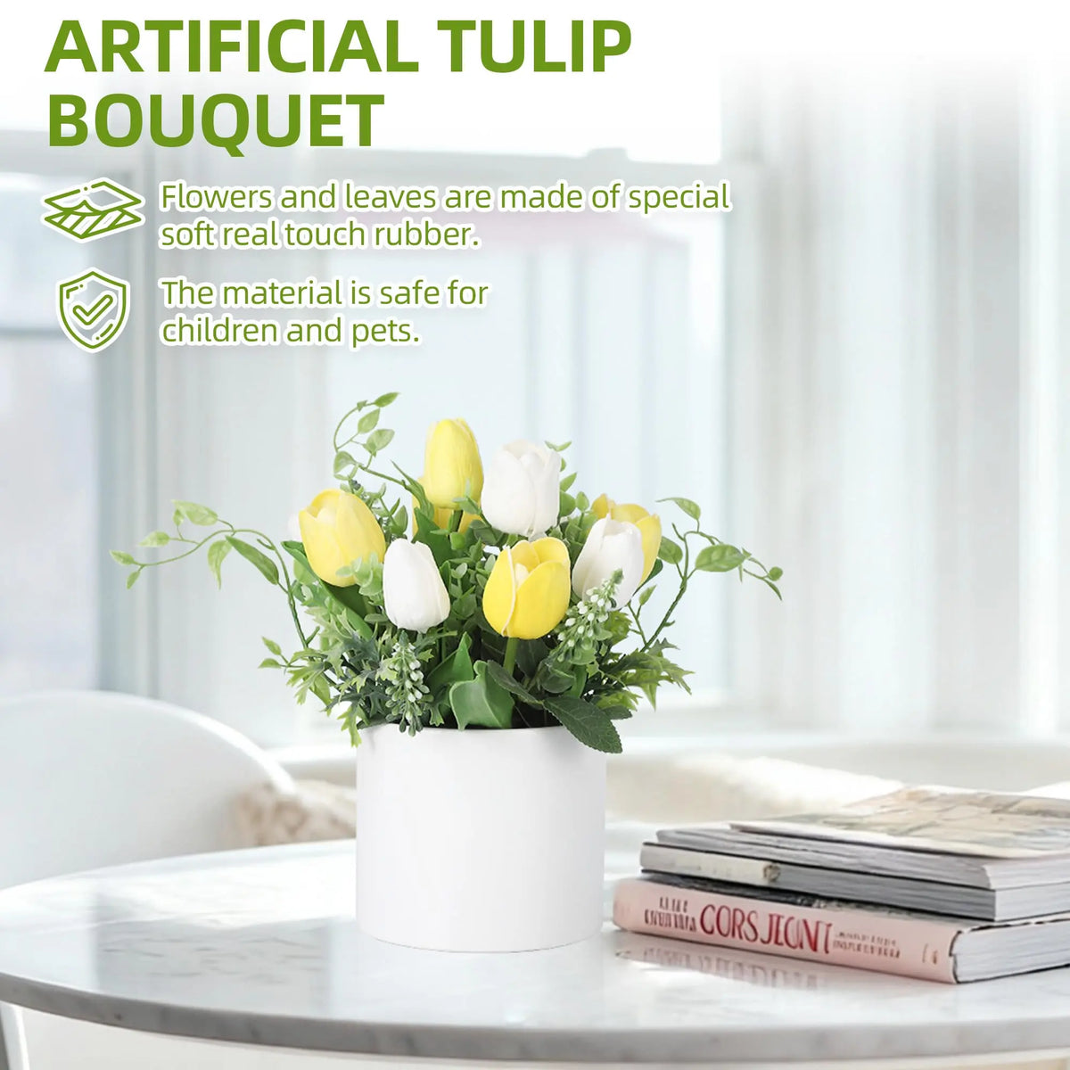 10 Pcs Artificial Tulips with Ceramic Vase, Real Touch PU Fake Tulip Stems for Easter, Spring, Wedding Bouquet, Home Centerpiece Floral Arrangement, and Table Décor in White & Yellow