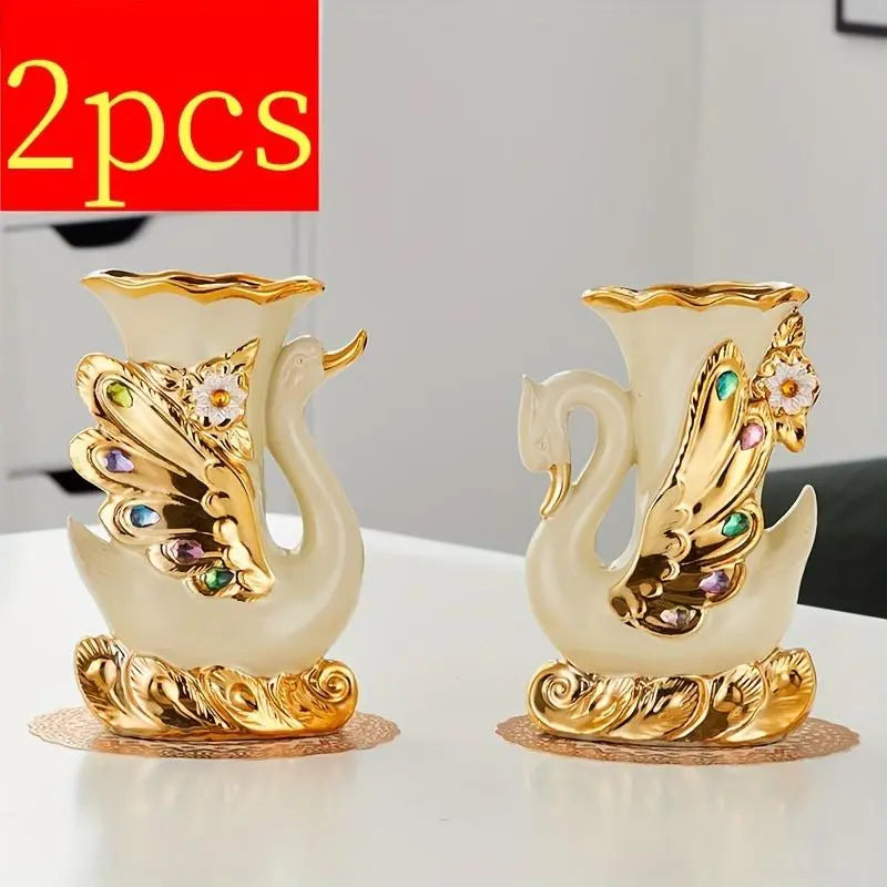 2pcs Modern Ceramic Vases - Swan & Elephant Designs, Home Decor Items for Flowers, Fake Plants, Fake Grass, Rose Petals, Living Room Entryway Decoration, Christmas Gift Room Decor Household Accent