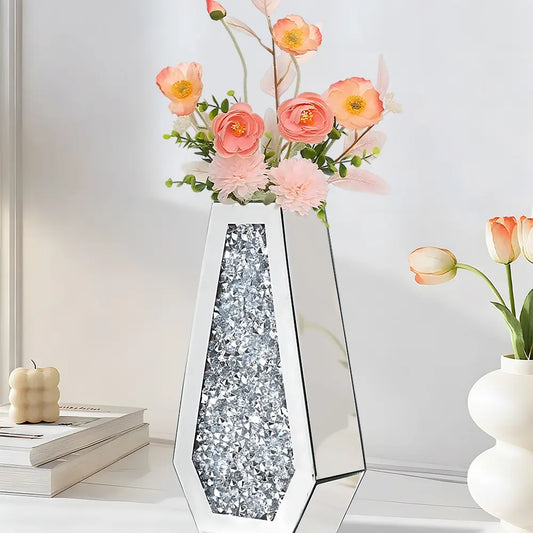 Shiny Sparkle Crushed Diamond Mirrored Flower Vase, 14In Large Silver Glass Decor, Modern Luxury Tall Floor Piece for Floral Decoration, Room Centerpieces Home Decor - Cannot Hold Water