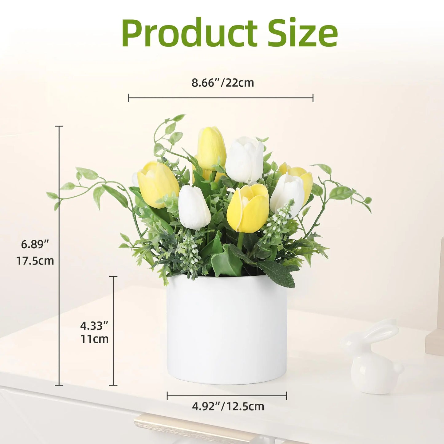 10 Pcs Artificial Tulips with Ceramic Vase, Real Touch PU Fake Tulip Stems for Easter, Spring, Wedding Bouquet, Home Centerpiece Floral Arrangement, and Table Décor in White & Yellow