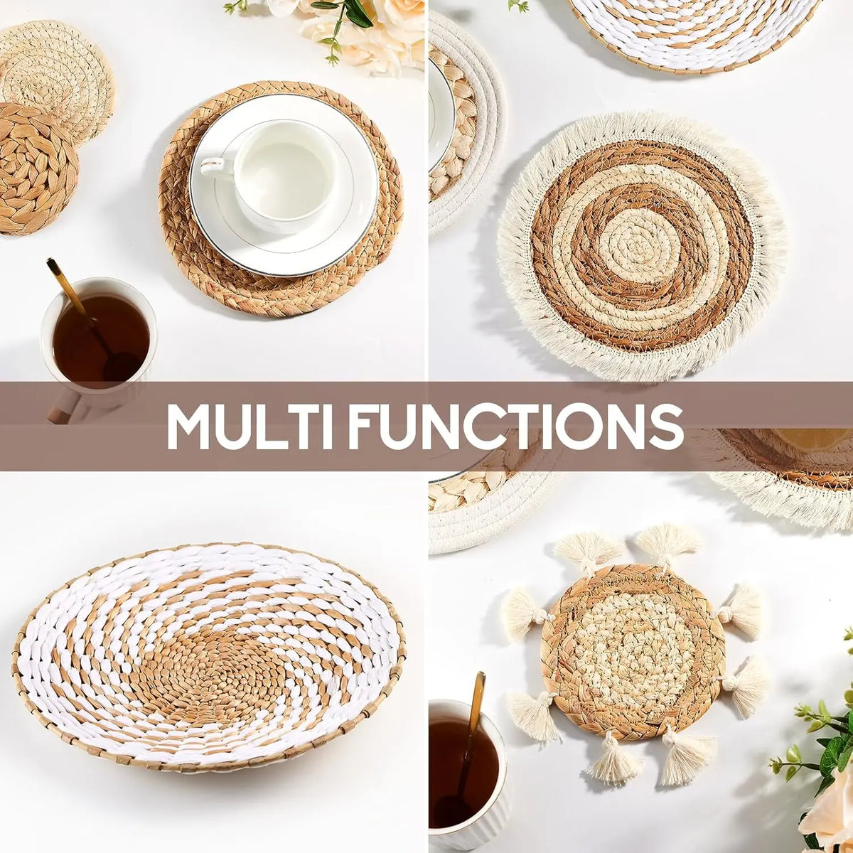7pcs Durable Unique Weave Hangable Seagrass Baskets - Handmade Heat-Resistant Natural Rattan Specialty Kitchen Utensil Holders, Boho Wall Ornaments for Living Room, Bedroom, Wall Decor