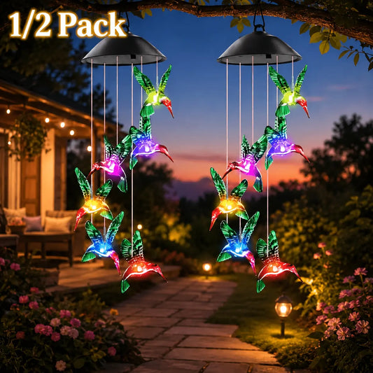 Solar Wind Chimes - 1/2 Pack Color-Changing Hummingbird/Butterfly Design, 20in Colorful Lights Outdoor Garden Accessory, 6-8H Direct Sunlight Charge, Thoughtful Gift for Valentines Day, Birthday, Women’s Entryway Patio Decor, Mother’s Day