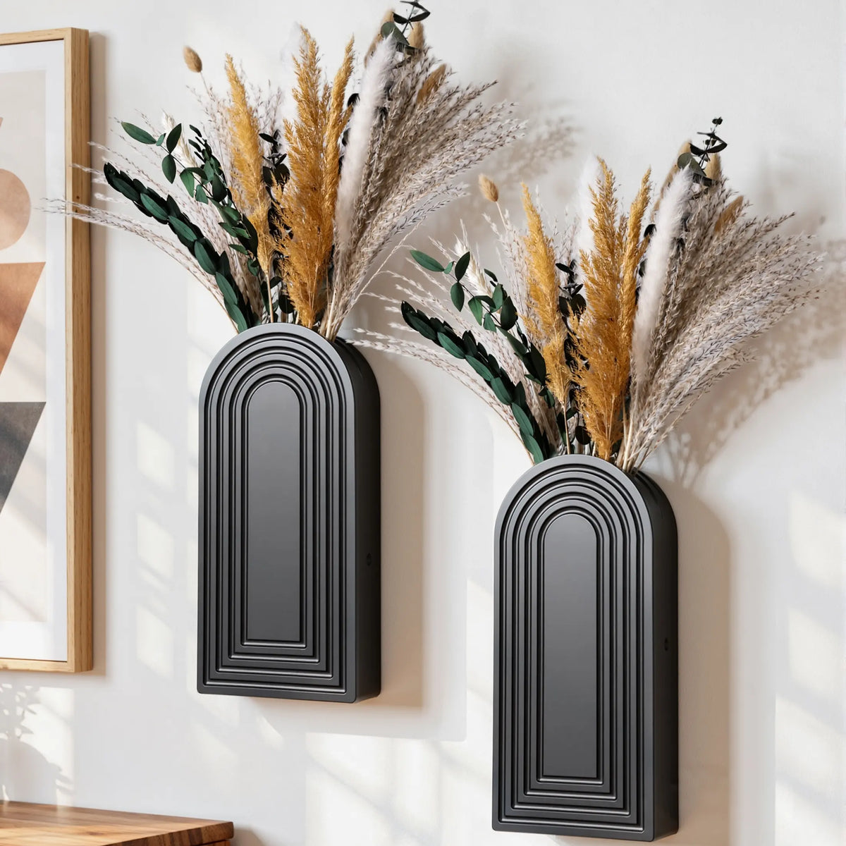 Ivydale 2-Pack Decorative Lightweight Wooden Wall Vase Set with Fake Plants, Boho Modern Farmhouse Hanging Planters for Narrow Spaces, Brown House Decor Gift for Bedroom Aesthetic Decorations, Wall Decor