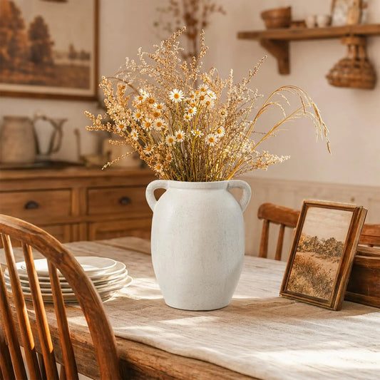 Ivydale Terracotta Ceramic Flower Vase - Flat, Double Handles, Farmhouse Vintage Pottery, Decorative Minimalist Vase for Flowers, Floral Home Decor, Living Room Decor, 7.2in, 7.7in, 9.3in