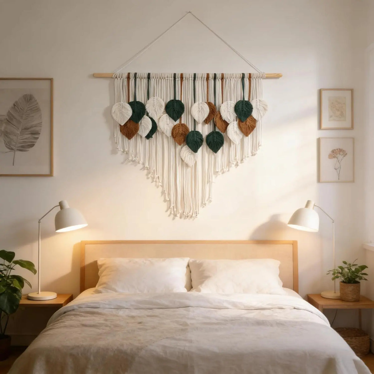 OUEST Large Cotton Macrame Wall Hanging - Hangable Wood Minimalist Boho Woven Tapestry, Handmade Leaf Feather Bohemian Wall Decoration, Home Decor for Living Room Bedroom 39" W x 29.5" L